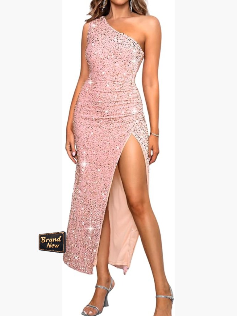 One Shoulder Sequin Prom Dress With Slit, Sparkly Maxi Evening Gown